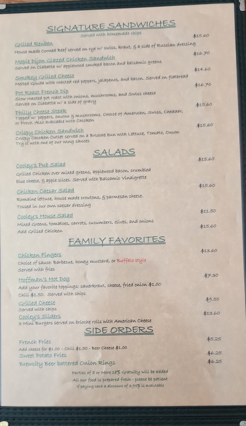 Menu page with sandwiches, salads, and soups.