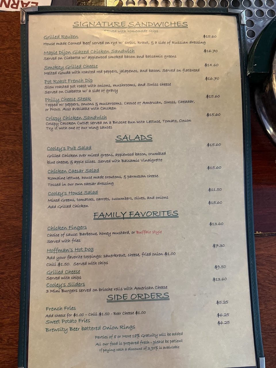Tavern menu featuring comfort food favorites.