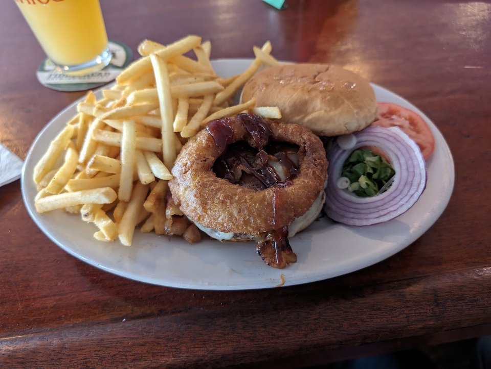 Ruben's Burger with Onion Rings